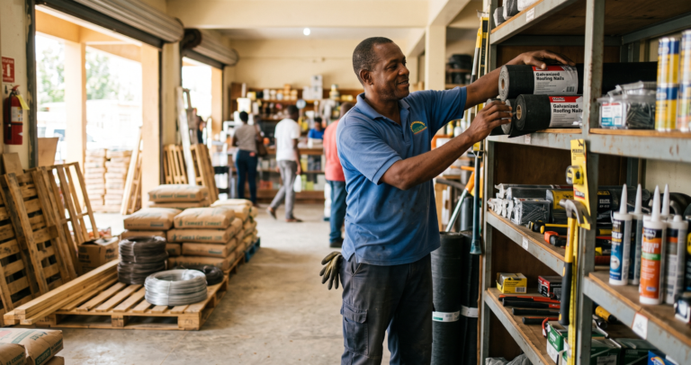 A hardware store owner in Jamaica restocking shelves with roofing materials and tools