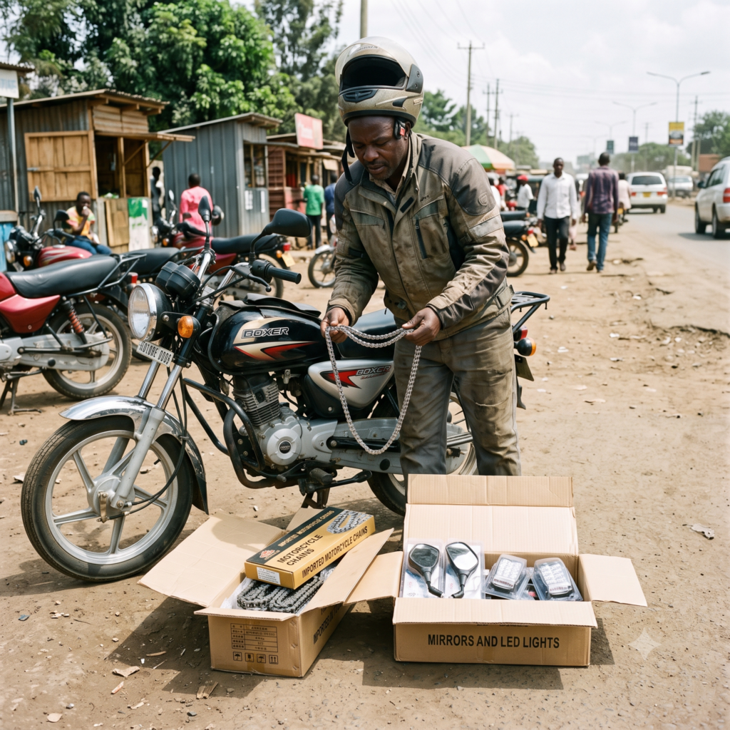A Kenyan boda boda rider inspecting a fresh delivery of imported motorcycle spare parts at a roadside stage