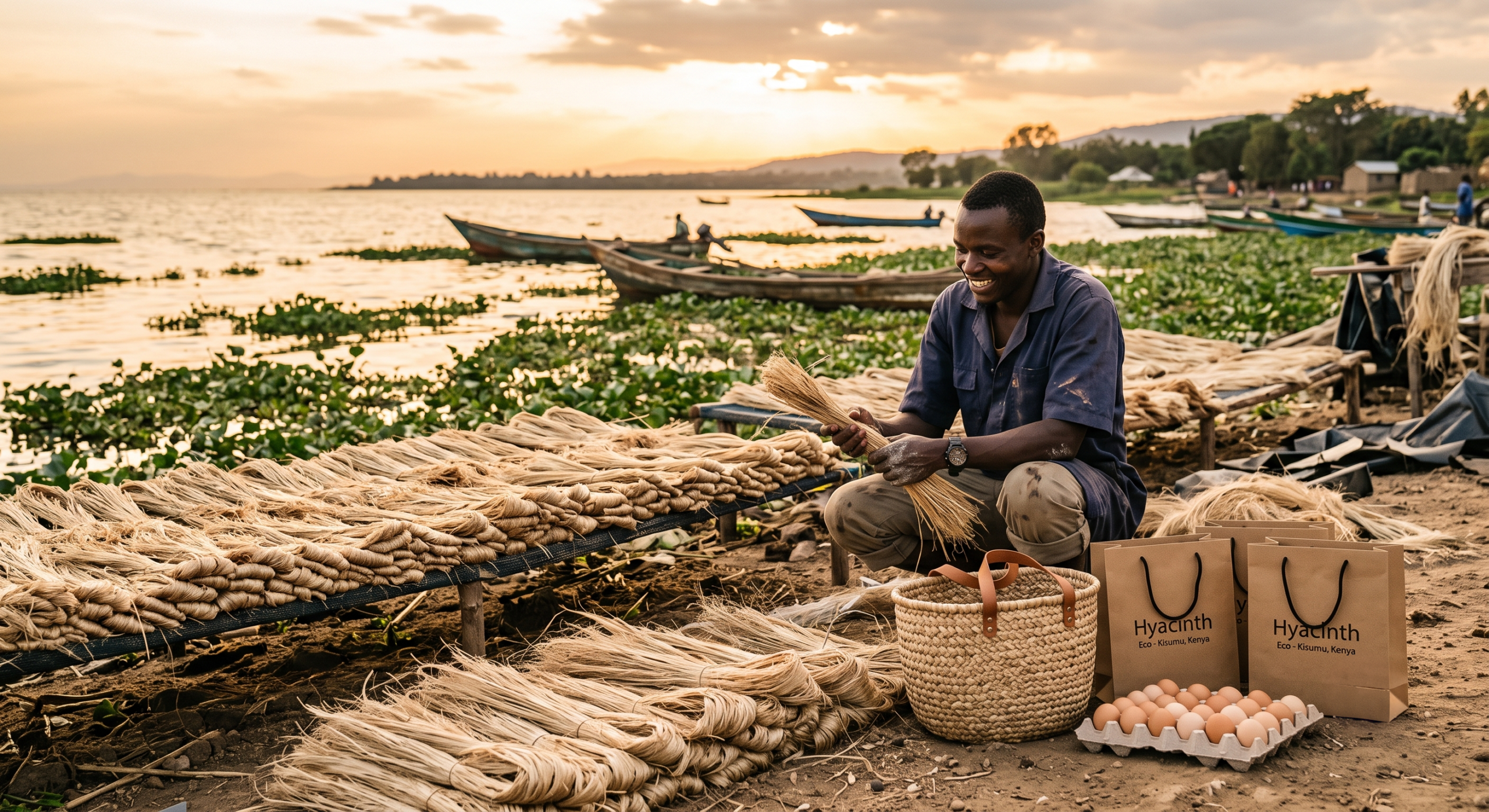 neat stacks of drying water hyacinth fibre and a few finished eco-friendly products: a woven basket, kraft paper gift bags and a molded-pulp egg tray
