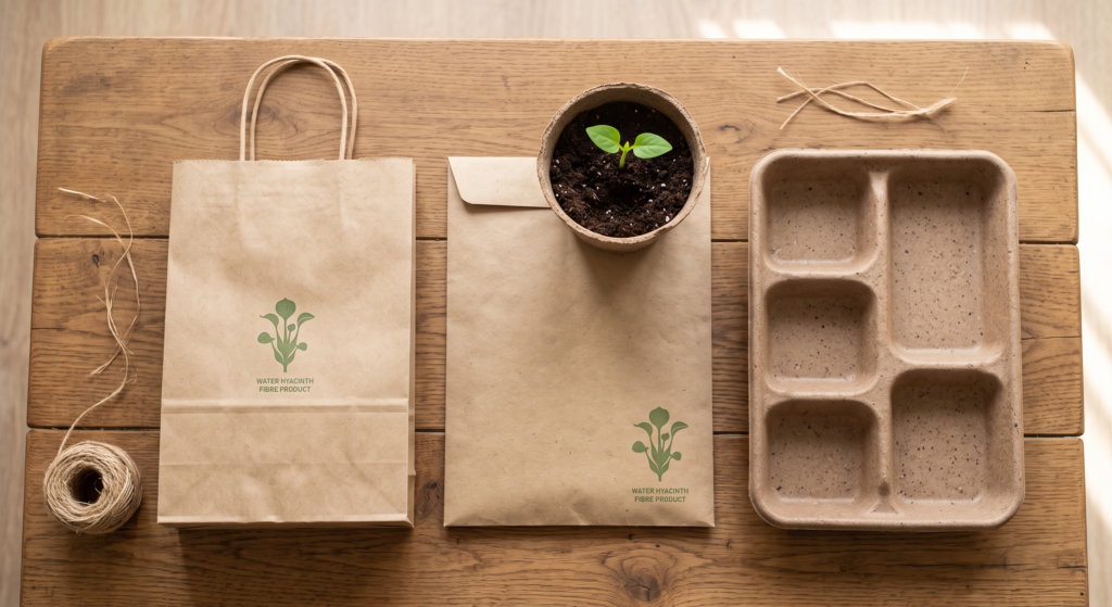 bright flat-lay on a wooden table showing a product range made from water hyacinth: a textured kraft paper bag, a compostable courier mailer, a small biodegradable seedling pot with a green seedling, and a molded-pulp food tray.