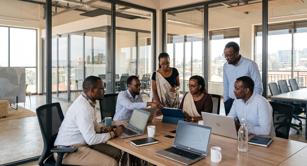 Modern Rwandan business professionals collaborating in a bright innovation hub in Kigali