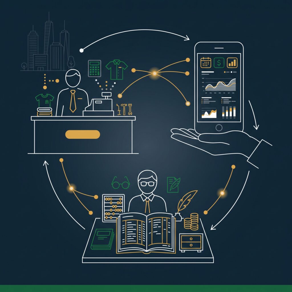 three-part control system: a manager at a counter, an owner's phone showing a weekly report, and an outside accountant with a ledger