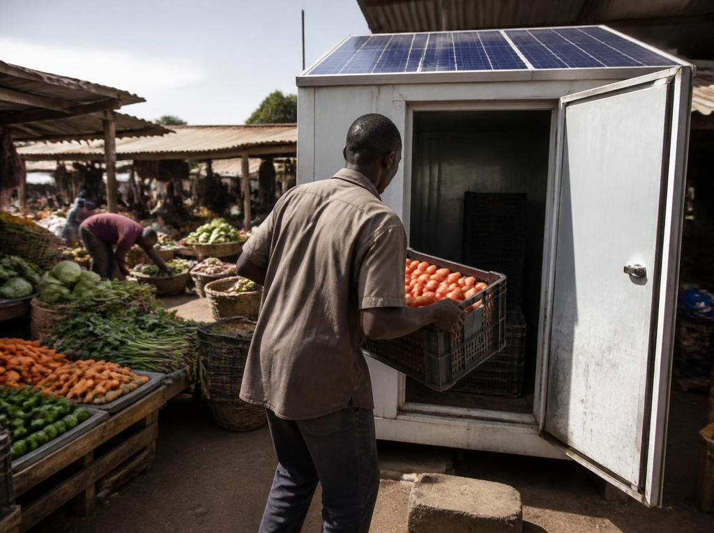 cold storage business in Africa. Trader loading crates of tomatoes into a solar-powered cold room beside an African wholesale market.