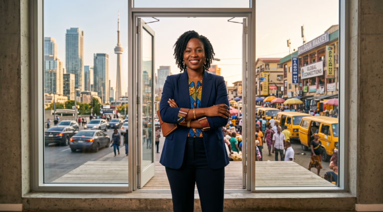 confident diaspora entrepreneur standing at a threshold, Western skyscrapers visible on one side, an African Street