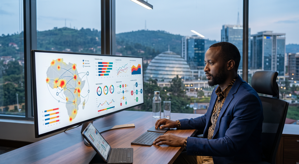 African entrepreneur analyzing market opportunities using business intelligence dashboards