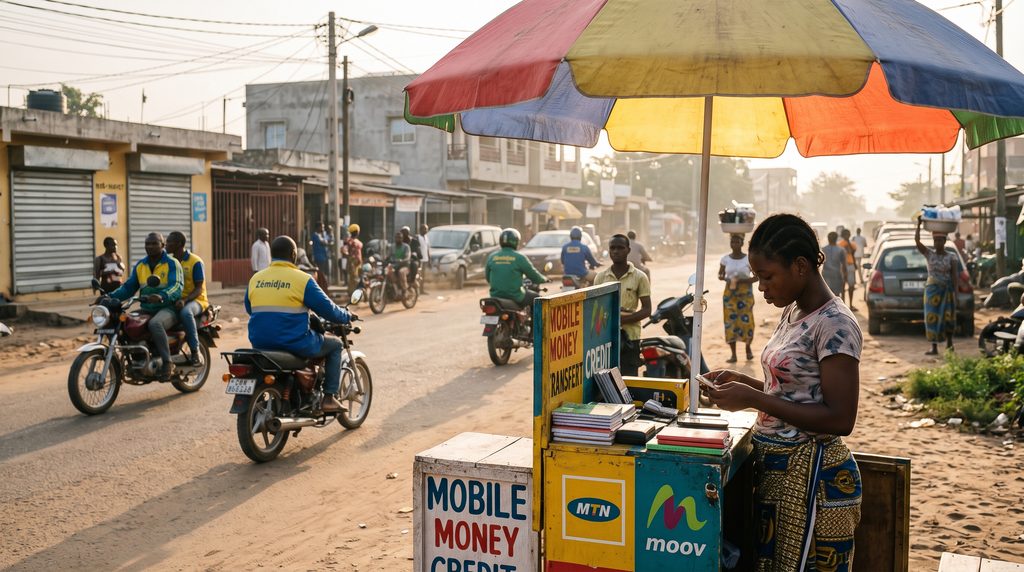 Benin, a young woman at a small mobile money and airtime kiosk