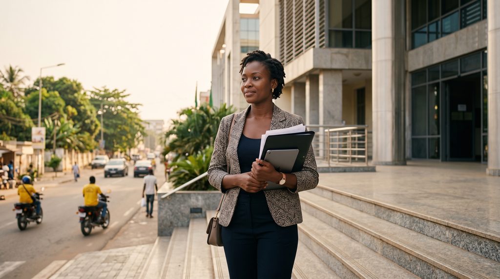 Benin Afro-descendant citizenship applicant reviewing application documents outside a government office in Cotonou