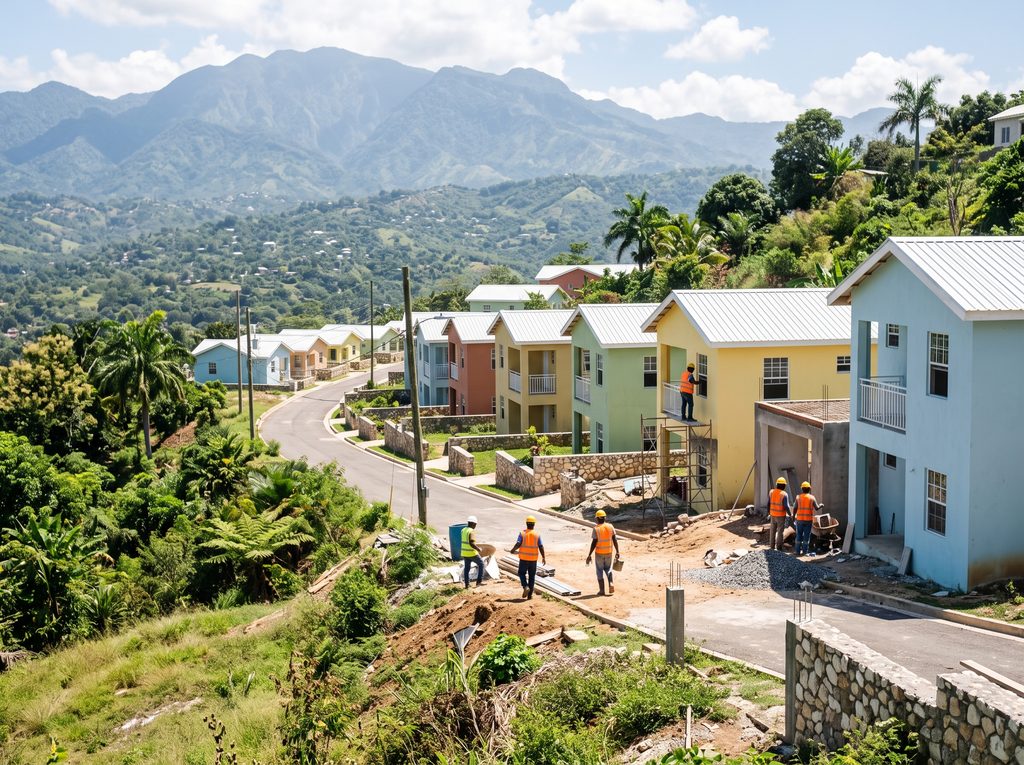 NHT - new affordable housing development on a green Jamaican hillside: